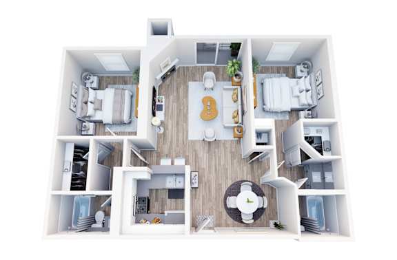 Floor Plan  A 3D floor plan of a house with a kitchen, living room, and two bedrooms.