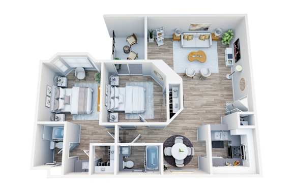 Floor Plan  A top-down view of a modern apartment layout with a kitchen, living room, and bedrooms.