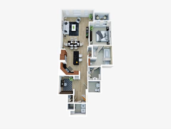 Floor Plan  a 3d floor plan of a house with furniture and a balcony
