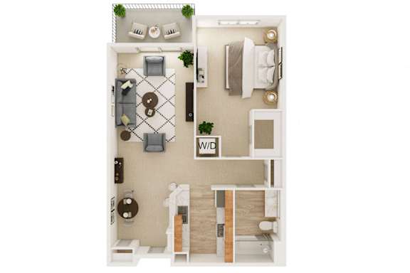 Floor Plan  A floor plan of a small apartment with a kitchen, living room, and bathroom.