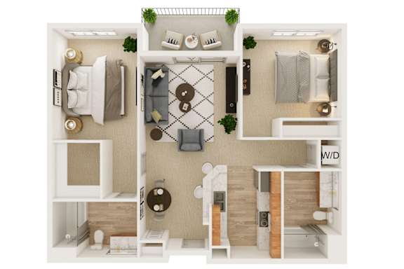 Floor Plan  A top-down view of a small apartment layout with a bedroom, living room, and kitchen.