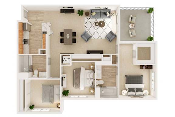 Floor Plan  A top-down view of a small apartment layout with a living room, kitchen, and bedroom.