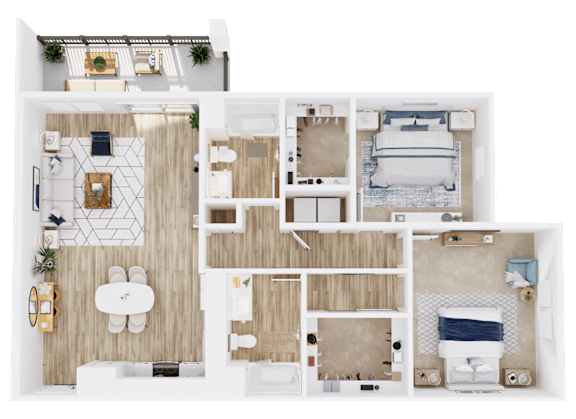A top-down view of a house layout with a living room, kitchen, dining area, and bedrooms.