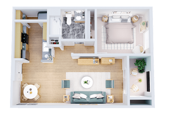 A top-down view of a well-organized living space with a kitchen, dining area, and bedroom.