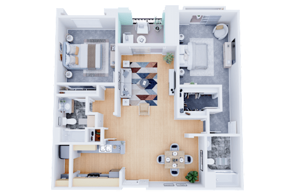 Floor Plan  A top-down view of a house layout with a kitchen, living room, dining area, and bathroom.