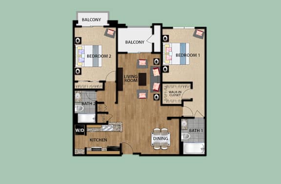 A floor plan of a house with two bedrooms, a living room, a kitchen, a dining room, and two bathrooms.