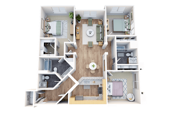 A 3D floor plan of a house with a living room, kitchen, and two bedrooms.