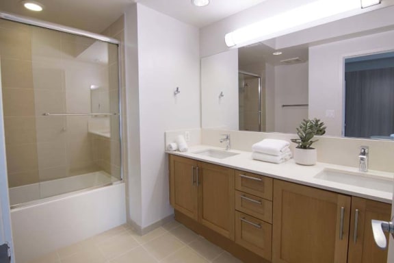 a bathroom with two sinks and a large mirror