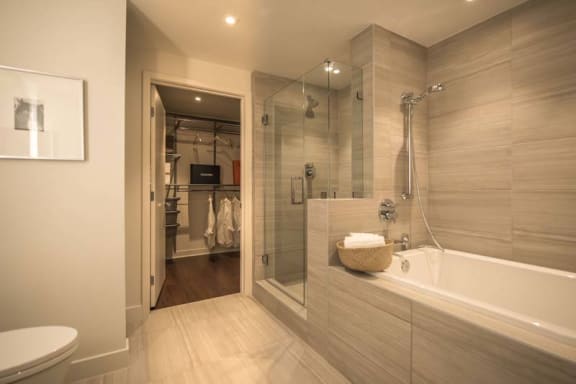 a bathroom with a tub and a shower and a toilet