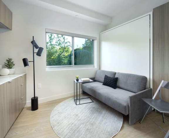 a living room with a couch and a window