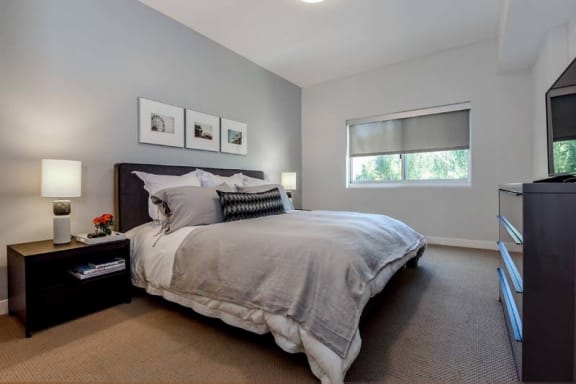 a bedroom with a bed and a dresser and a window