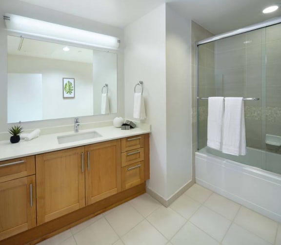 a bathroom with a sink and a shower