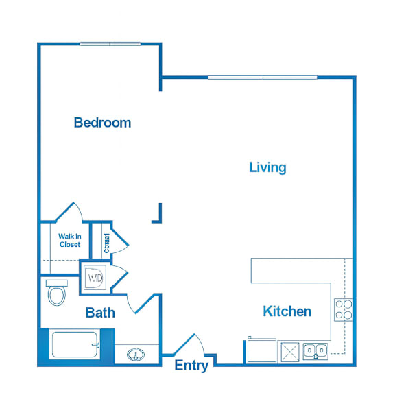 Floor Plan  A floor plan of a living space showing a bedroom, bathroom, kitchen, and entryway.
