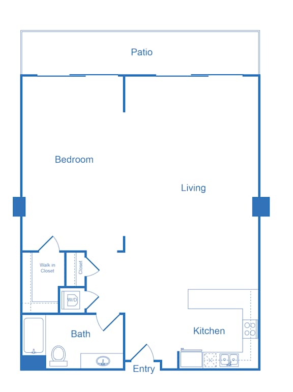 Floor Plan  A floor plan of a living space with a bedroom, bathroom, kitchen, and entry.