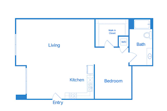 Floor Plan  A floor plan of a home with a living room, kitchen, bedroom and bathroom.