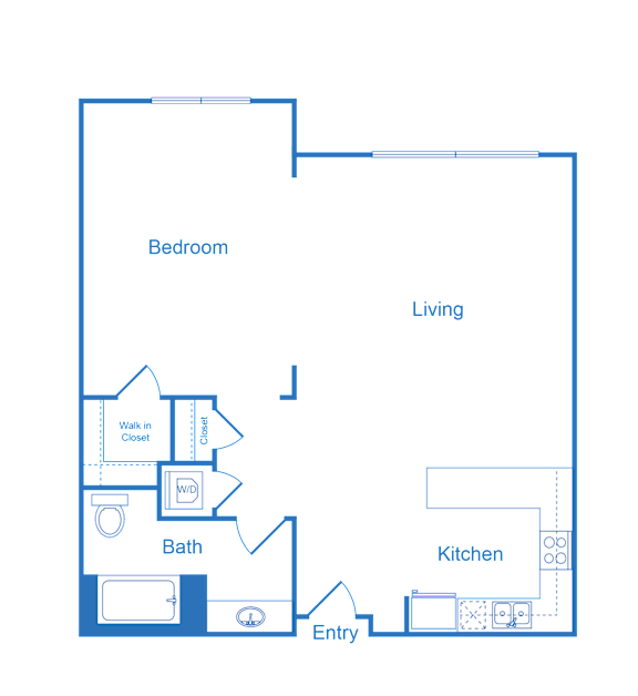 Floor Plan  A floor plan of a house with a bedroom, bath, kitchen, and living room.