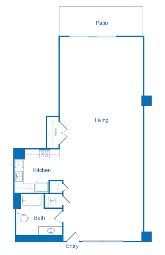 Floor Plan  A floor plan of a house with a kitchen, bath, and living room.