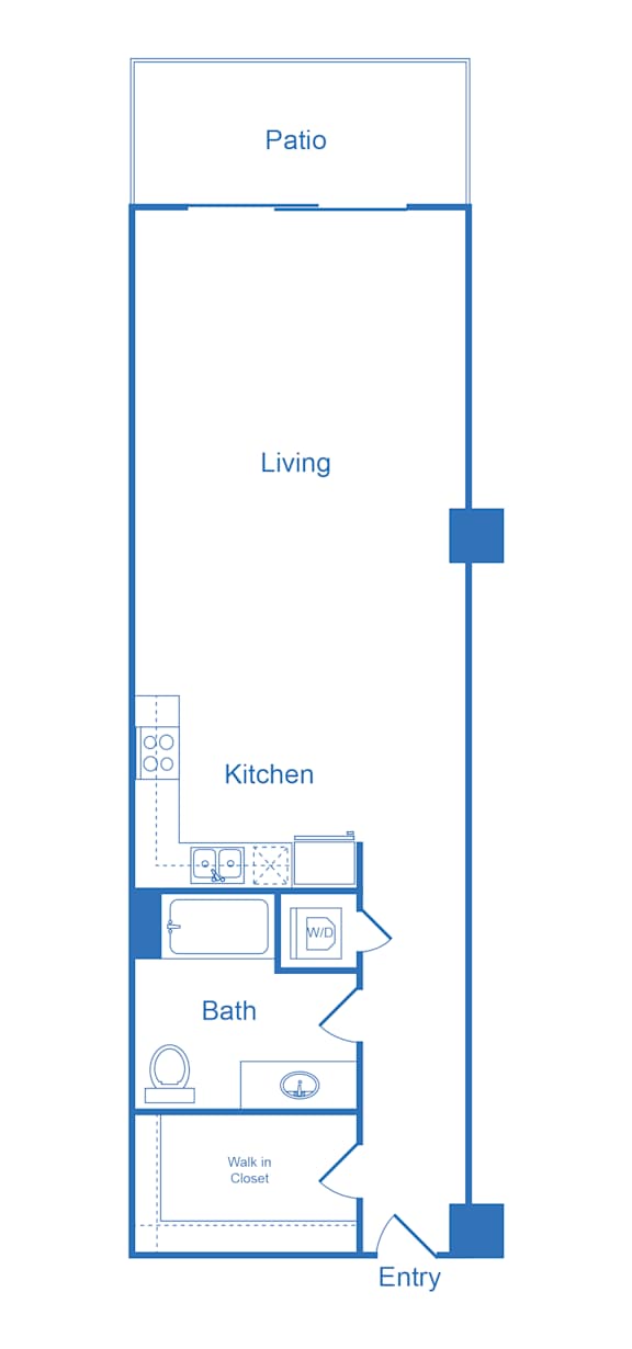 Floor Plan  A floor plan of a home showing a living room, kitchen, bathroom, and entry.