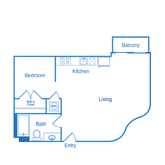 Floor Plan  A diagram of a house layout with a balcony, kitchen, bedroom, bathroom, and entry.