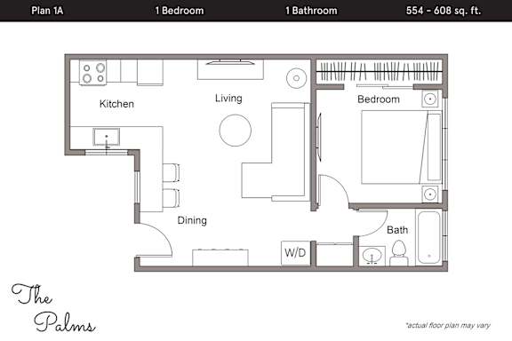 Floor Plan  A floor plan for a one bedroom apartment with a kitchen, dining area, living room, and bathroom.
