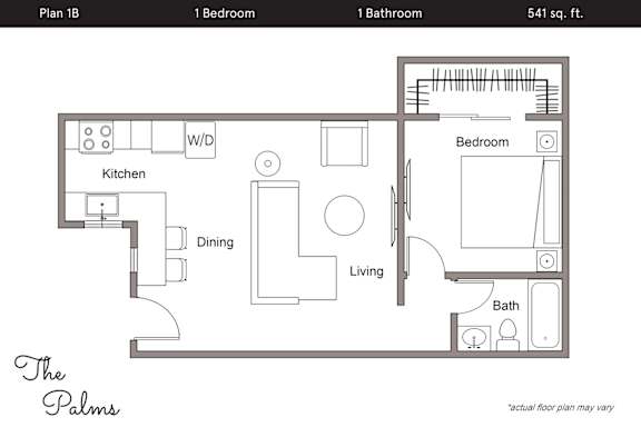 Floor Plan  A floor plan for a one bedroom apartment with a kitchen, dining area, and living room.