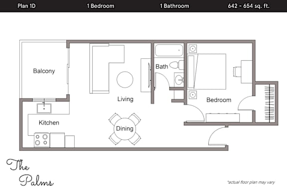 Floor Plan  A floor plan of a one bedroom apartment with a balcony and a living room.