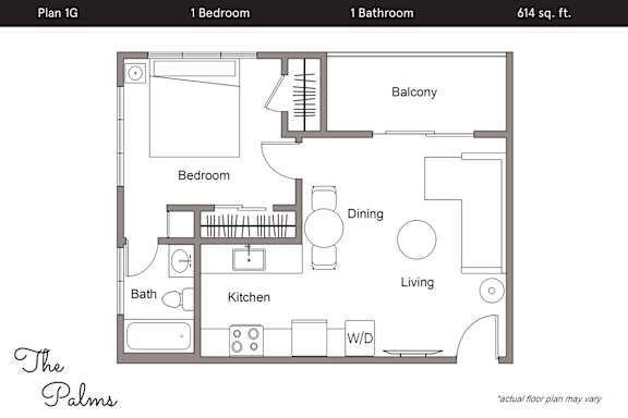 Floor Plan  A floor plan for a one bedroom apartment with a balcony.