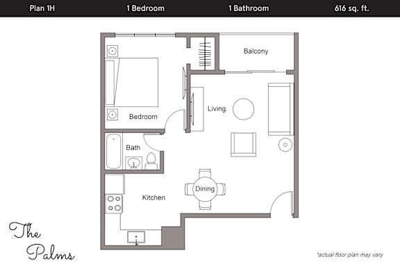Floor Plan  A floor plan for a one bedroom apartment with a balcony.