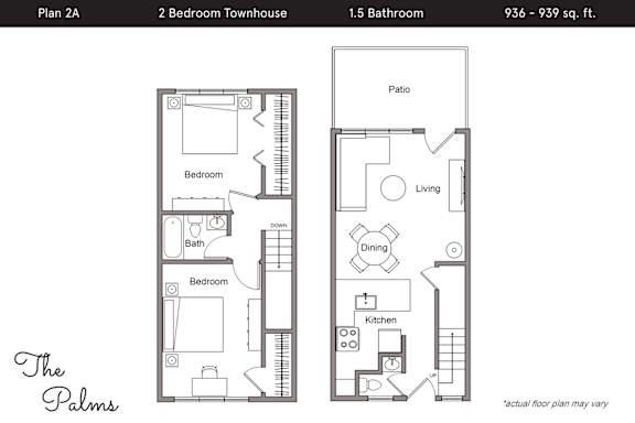 Floor Plan  A floor plan for a 2 bedroom townhouse with a living area, dining area, kitchen, and bathroom.