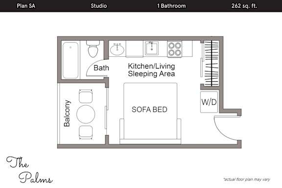 Floor Plan  A floor plan for a studio apartment with a bathroom, kitchen/living sleeping area, and a balcony.