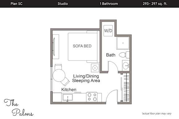 Floor Plan  A floor plan for a studio apartment with a sofa bed, sleeping area, and kitchen.
