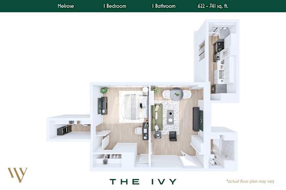 Floor Plan  A webpage displays a floor plan for a property named "THE IVY" with a bedroom, bathroom, and a total area of 622 - 741 sq. ft.