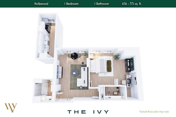 Floor Plan  A floor plan of a small apartment with a kitchen, living room, and bathroom.