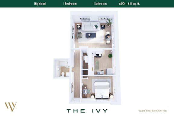 Floor Plan  A floor plan of a one bedroom apartment with a highland theme.
