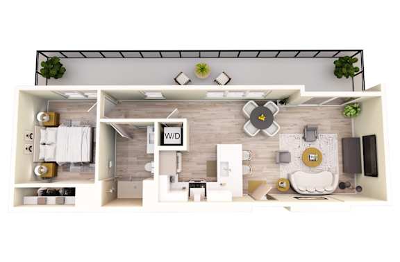 Floor Plan  A top-down view of a well-organized apartment with a kitchen, living room, and bathroom.