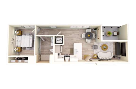 Floor Plan  A floor plan of a small apartment with a kitchen, living room, and bathroom.