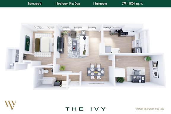 Floor Plan  A floor plan of a one bedroom plus den apartment with a bathroom.