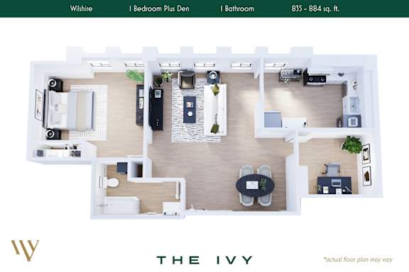 Floor Plan  A floor plan of a property named The Ivy with a living room, dining room, kitchen, and two bedrooms.