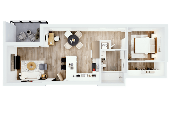 Floor Plan  A top-down view of a modern apartment layout with a kitchen, living room, and bathroom.