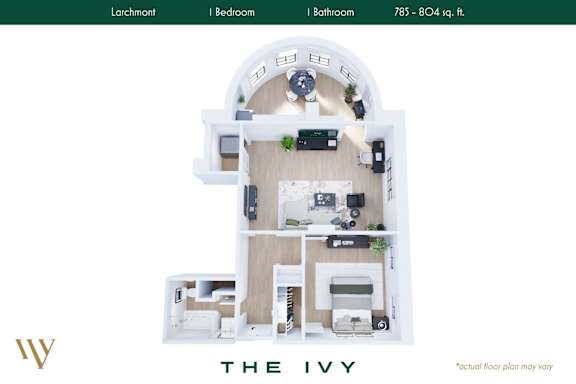 Floor Plan  A floor plan of a one bedroom apartment with a lounge, kitchen and bathroom.