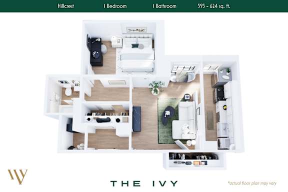 Floor Plan  A floor plan of a small apartment with a kitchen, living room, and two bedrooms.
