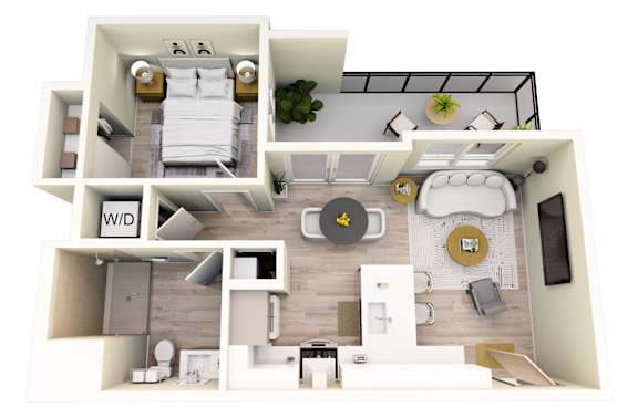 Floor Plan  A 3D floor plan of a small apartment with a kitchen, living room, and bathroom.