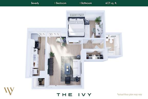 Floor Plan  A floor plan of a one bedroom apartment with a bathroom and living room.