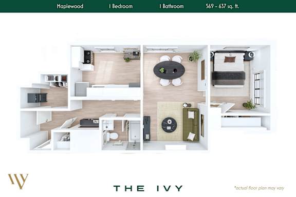 Floor Plan  A webpage displays a floor plan for a property named The Ivy, with sections labeled for the maplewood, bedroom, bathroom, and a total area of 569 - 637 sq. ft.