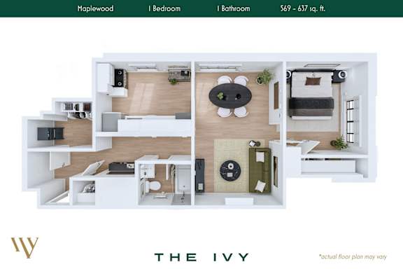 Floor Plan  A floor plan of a property named The Ivy with a maplewood finish.