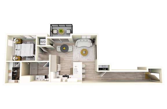 Floor Plan  A floor plan of a house with a kitchen, living room, and two bedrooms.