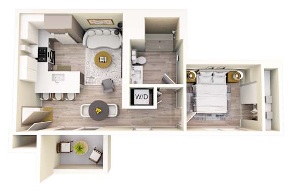Floor Plan  A floor plan of a small apartment with a living room, kitchen, and bathroom.