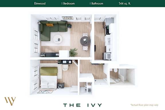 Floor Plan  A webpage displays a floor plan for a property named "THE IVY" with a bedroom, bathroom, and living area.