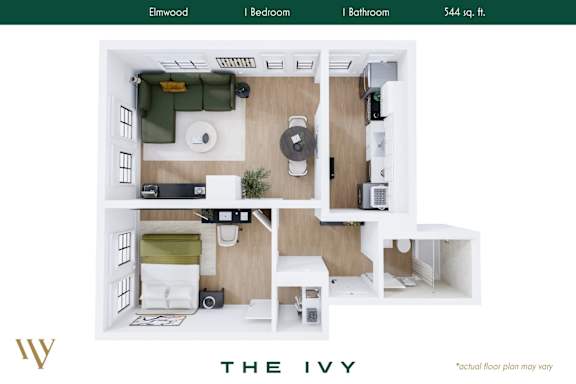 Floor Plan  A floor plan of a small apartment with a bedroom, bathroom, and kitchenette.