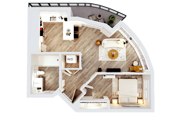 Floor Plan  A top-down view of a house layout with a living room, dining area, kitchen, and a section labeled W/D.